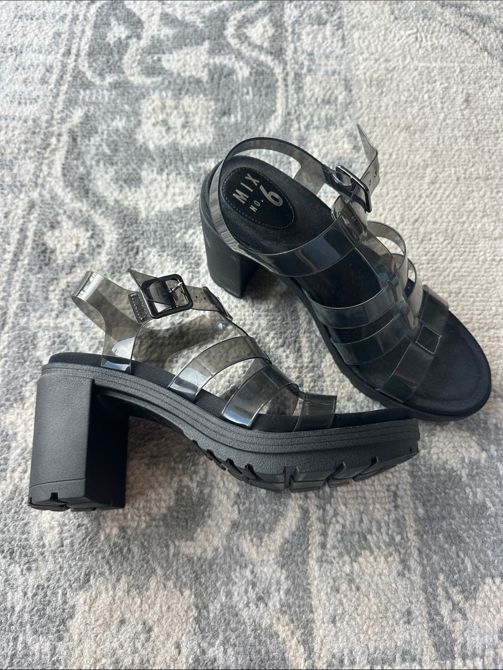 Mix No. 6 Black Clear Strappy Block Heel Sandals